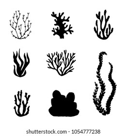 seaweed sea black silhouette. vector set isolated