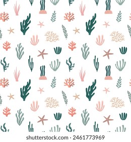 Seaweed seamless pattern. Hand drawn plants botanical texture. Great for fabric, textile, apparel, walloper, digital paper. Isolated on white background