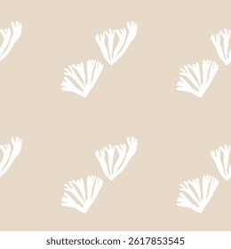 Seaweed seamless pattern on soft tan beige background with minimal marine inspired white shapes