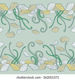 Seaweed seamless pattern. Seashells in water. Vector illustration.