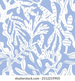 seaweed seamless vector pattern. Hand drawn coral, plants botanical texture, sketchy drawing for swimwear, summer, spring, fashion, paper, stationary teens and girls. Pretty, girly and cute in blue