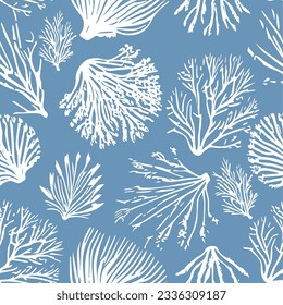 Seaweed seamless vector pattern.  Trendy pattern with underwater plants on a blue background for printing, fabric, textile, manufacturing, wallpapers. Sea bottom. Design element