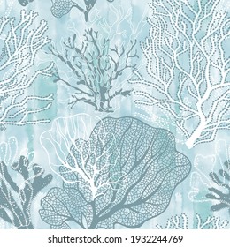 Seaweed. Seamless vector pattern with underwater plants on blue watercolor background. Abstract floral texture. Perfect for design templates, wallpaper, wrapping, fabric and textile.