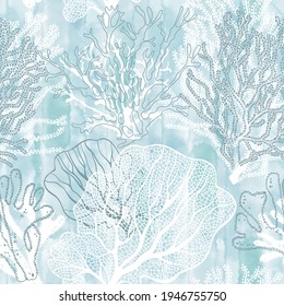 Seaweed. Seamless vector pattern with underwater plants on blue watercolor background. Abstract floral texture. Perfect for design templates, wallpaper, wrapping, fabric and textile.