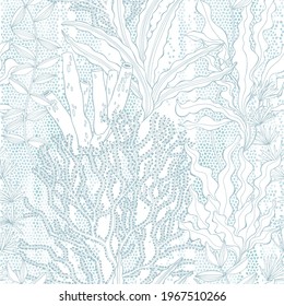 Seaweed. Seamless vector pattern with underwater plants on blue mosaic watercolor background. Abstract floral texture. Perfect for design templates, wallpaper, wrapping, fabric and textile.