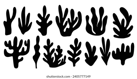 Seaweed set in silhouette style. Collection of colored underwater plants. Flat style. vector illustration.