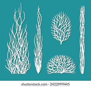 Seaweed set. Underwater plants with long thin leaves. Bare tree, semicircular bush, wavy branches. Theme of nature, water. Template for plotter laser cutting of paper, wood  carving, engraving, cnc.