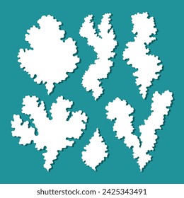 Seaweed set. Wide wavy leaves of underwater plants. White algae on a green background. Template for plotter laser cutting of paper, fretwork, wood carving, metal engraving, cnc. Vector illustration.