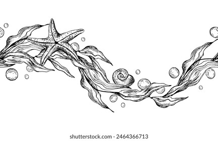 Algas en forma de ola con estrellas de mar y burbujas de agua. Ilustración gráfica dibujada a mano en tinta negra. Borde de patrón sin costura Vector EPS.
