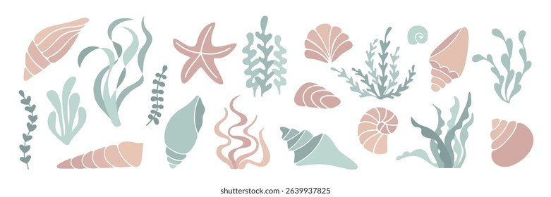 Seaweed shells starfish set in pastel colors. Summer Minimal marine silhouettes shapes for logo, packaging, sticker, kids decor, eco branding, beach products, travel design, ocean pattern, icon