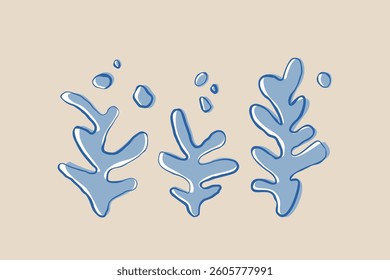 Seaweed silhouette and bubbles set of hand drawn doodle illustration. Underwater sea life summer holiday. Blue seaweed, algae design element set