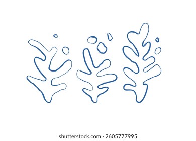 Seaweed silhouette and bubbles set of hand drawn doodle illustration. Underwater sea life summer holiday. Blue seaweed, algae design element set