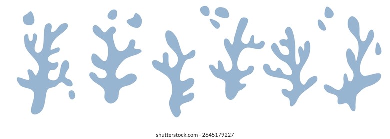 seaweed silhouette and bubbles set of hand drawn doodle illustration. Underwater sea life summer holiday. Blue seaweed, algae design element set