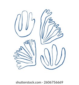 Seaweed silhouette of hand drawn doodle illustration. Underwater sea life summer holiday. Blue seaweed, algae design element set