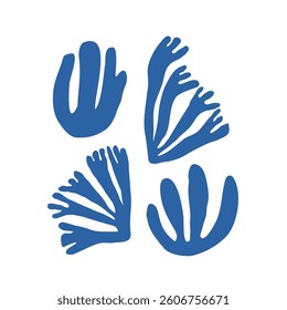 Seaweed silhouette of hand drawn doodle illustration. Underwater sea life summer holiday. Blue seaweed, algae design element set
