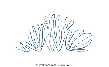 Seaweed silhouette of hand drawn doodle illustration. Underwater sea life summer holiday. Blue seaweed, algae design element set