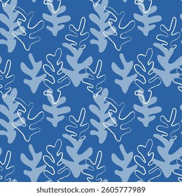 Seaweed silhouette seamless pattern. Hand drawn doodle illustration. Underwater sea life summer holiday. Blue seaweed, algae design element set