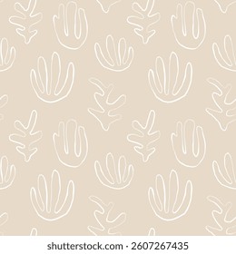 Seaweed silhouette seamless pattern. Hand drawn doodle illustration. Underwater sea life summer holiday. Beige sandy seaweed, algae design element set