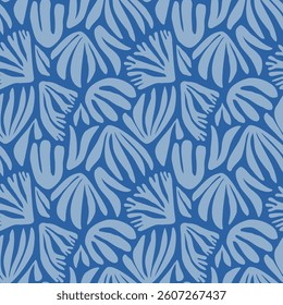 Seaweed silhouette seamless pattern. Hand drawn doodle illustration. Underwater sea life summer holiday. Blue seaweed, algae design element set