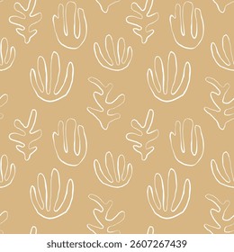 Seaweed silhouette seamless pattern. Hand drawn doodle illustration. Underwater sea life summer holiday. Beige sandy seaweed, algae design element set