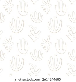 Seaweed silhouette seamless pattern. Hand drawn doodle illustration. Underwater sea life summer holiday. Beige sandy seaweed, algae design element set
