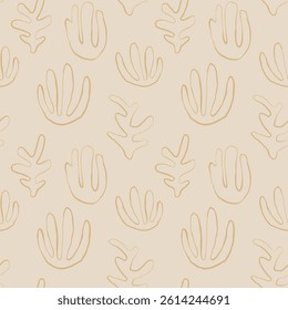 Seaweed silhouette seamless pattern. Hand drawn doodle illustration. Underwater sea life summer holiday. Beige sandy seaweed, algae design element set