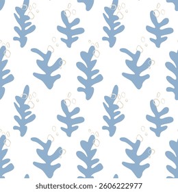 Seaweed silhouette seamless pattern on white background. Hand drawn doodle illustration. Underwater sea life summer holiday. Blue seaweed, algae design element set