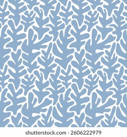 Seaweed silhouette seamless pattern on white background. Hand drawn doodle illustration. Underwater sea life summer holiday. Blue seaweed, algae design element set