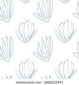 Seaweed silhouette seamless pattern on white background. Hand drawn doodle illustration. Underwater sea life summer holiday. Blue seaweed, algae design element set