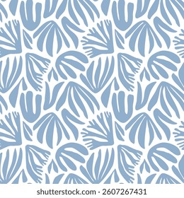 Seaweed silhouette seamless pattern on white background. Hand drawn doodle illustration. Underwater sea life summer holiday. Blue seaweed, algae design element set