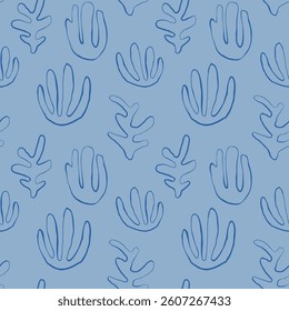 Seaweed silhouette seamless pattern on white background. Hand drawn doodle illustration. Underwater sea life summer holiday. Blue seaweed, algae design element set
