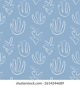 Seaweed silhouette seamless pattern on white background. Hand drawn doodle illustration. Underwater sea life summer holiday. Blue seaweed, algae design element set