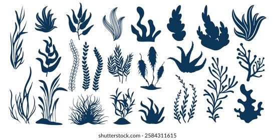 Seaweed silhouettes. Aquatic plants, underwater flora shapes of leaves and seaweeds for aquarium decoration. Marine plant isolated vector set.