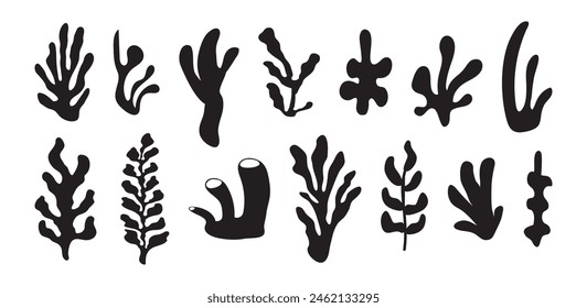 Siluetas de algas, icono de coral negro. Abstractas forma orgánica, planta submarina, elemento matisse, lindo garabato de mar. Conjunto floral marino de dibujos animados aislado sobre fondo blanco. Ilustración vectorial sencilla