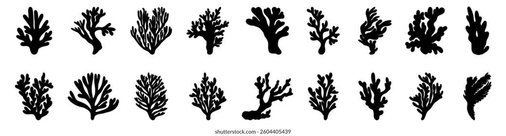 Seaweed silhouettes, coral black icon. Abstract organic shape, underwater plant, matisse element, cute sea doodle. Cartoon marine floral set isolated on white background. Trendy minimal vector set.