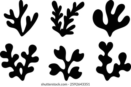 Seaweed Silhouettes and Coral Black Icons: Abstract Ocean Art Collection