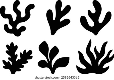 Seaweed Silhouettes and Coral Black Icons: Abstract Ocean Art Collection
