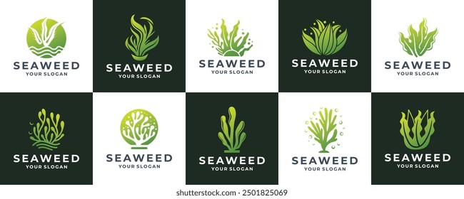 Seaweed silhouettes logos, coral green icon. Abstract organic shape, underwater plant,marine floral.