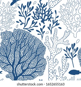 Seaweed sketchy vector seamless pattern. Underwater alga classic blue inky linear illustration backdrop. Elegant ocean plant surface textile, wallpaper design