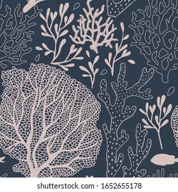 Seaweed sketchy vector seamless pattern. Underwater alga dark blue inky linear illustration backdrop. Elegant ocean plant surface textile, wallpaper design