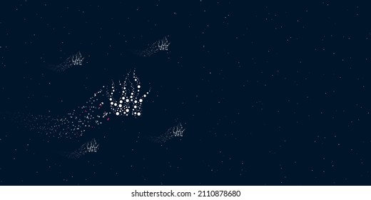 A seaweed symbol filled with dots flies through the stars leaving a trail behind. Four small symbols around. Empty space for text on the right. Vector illustration on dark blue background with stars