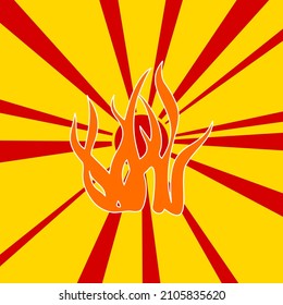 Seaweed symbol on a background of red flash explosion radial lines. The large orange symbol is located in the center of the sun, symbolizing the sunrise. Vector illustration on yellow background