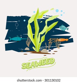 seaweed under water with fish, octopus and Swordfish  - vector  illustration