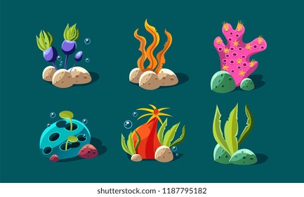 Seaweed and underwater plants set, colorful fantasy plants, user interface assets for mobile apps or video games details vector Illustration