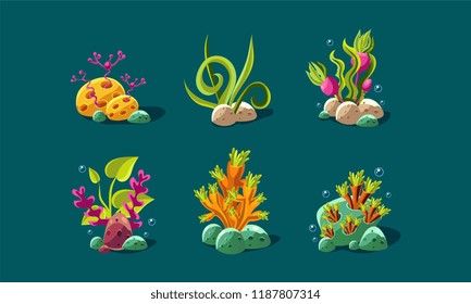 Seaweed and underwater plants set, fantasy plants, user interface assets for mobile apps or video games details vector Illustration