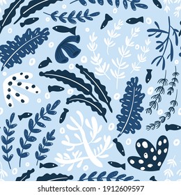 Seaweed vector seamless pattern on blue background for kids - for fabric, wrapping, textile, wallpaper, background.