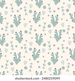 Seaweed and water bubbles seamless pattern. Underwater life endless background. Vector hand drawn flat illustration.