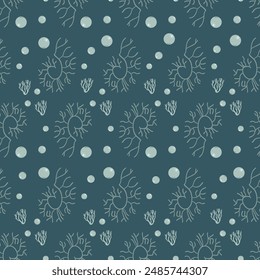 Seaweed and water bubbles seamless pattern. Underwater life endless background. Vector hand drawn illustration.