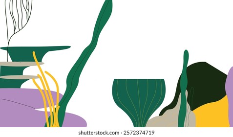 Seaweeds and algae, underwater plants set. Ocean flora undersea water grass, leaf branches. Floral botanical tropical elements. Flat vector illustration isolated on white background.