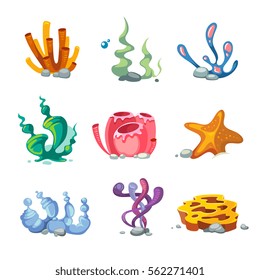 Seaweeds aquarium decoration cartoon vector set for video game. Coral reef drawing for aquarium illustration